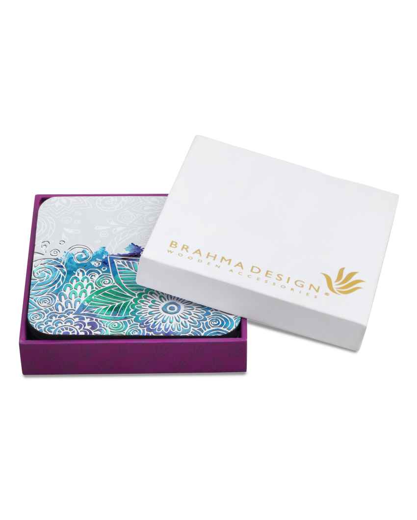 Elegant Wooden Abstract Flowers Coasters With Gift Box | Set of 4 | 4 x 4 inches