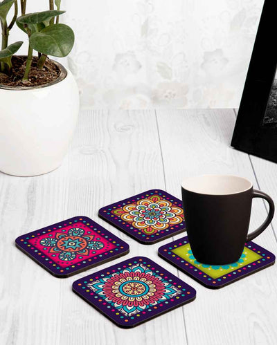 Vibrant Wooden Multi Mandala Coasters With Gift Box | Set of 4 | 4 x 4 inches