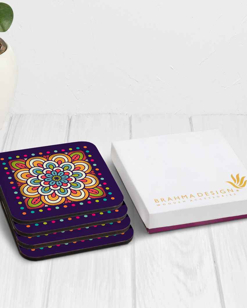 Vibrant Wooden Multi Mandala Coasters With Gift Box | Set of 4 | 4 x 4 inches