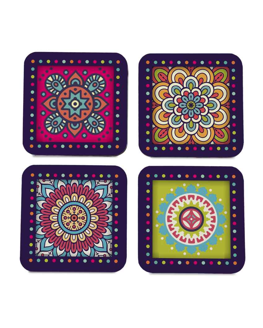 Vibrant Wooden Multi Mandala Coasters With Gift Box | Set of 4 | 4 x 4 inches