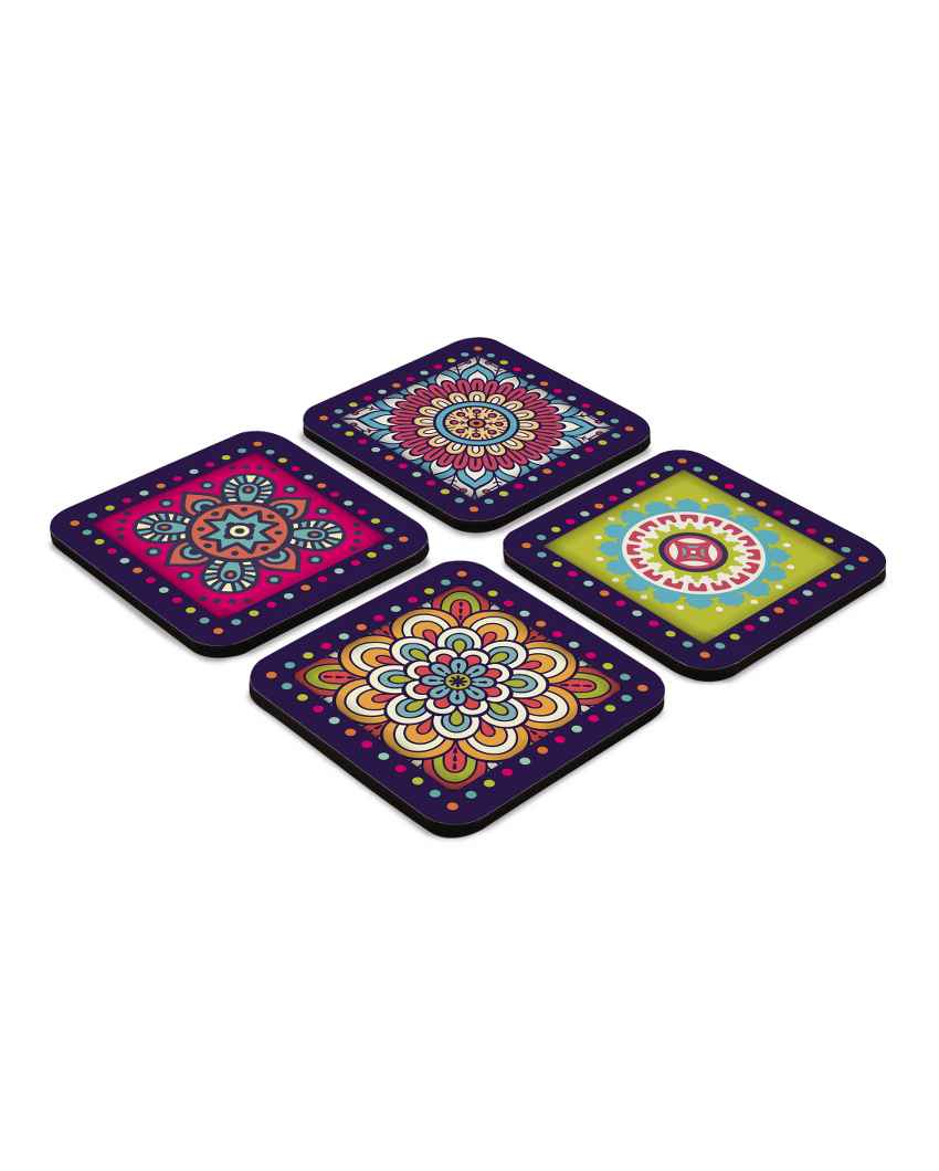 Vibrant Wooden Multi Mandala Coasters With Gift Box | Set of 4 | 4 x 4 inches