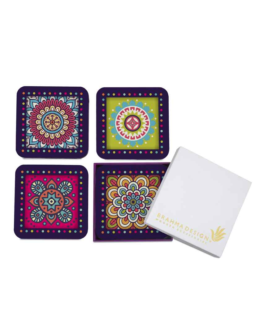 Vibrant Wooden Multi Mandala Coasters With Gift Box | Set of 4 | 4 x 4 inches