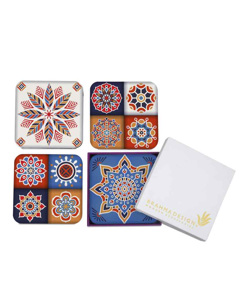 Charming Wooden Floral Tiles Coasters With Gift Box | Set of 4 | 4 x 4 inches