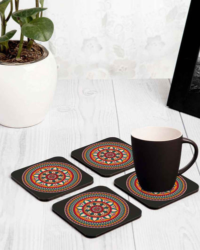 Rustic Wooden Red Mandala Coasters With Gift Box | Set of 4 | 4 x 4 inches