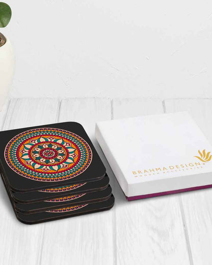 Rustic Wooden Red Mandala Coasters With Gift Box | Set of 4 | 4 x 4 inches