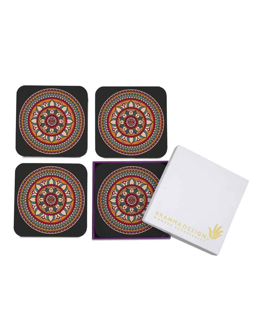 Rustic Wooden Red Mandala Coasters With Gift Box | Set of 4 | 4 x 4 inches