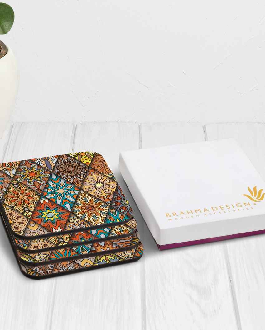 Geometric Wooden Diamond Coasters With Gift Box | Set of 4 | 4 x 4 inches