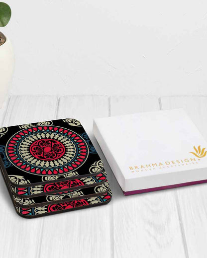 Sophisticated Wooden Black Mandala Coasters With Gift Box | Set of 4 | 4 x 4 inches