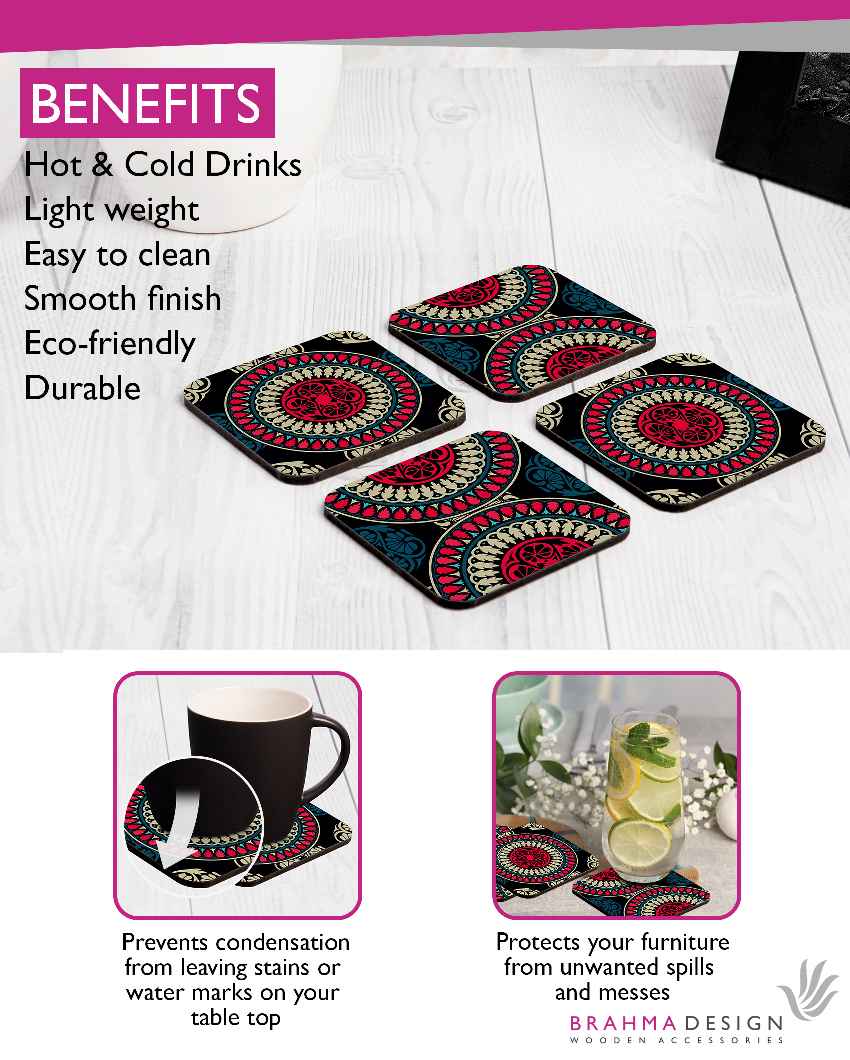 Sophisticated Wooden Black Mandala Coasters With Gift Box | Set of 4 | 4 x 4 inches