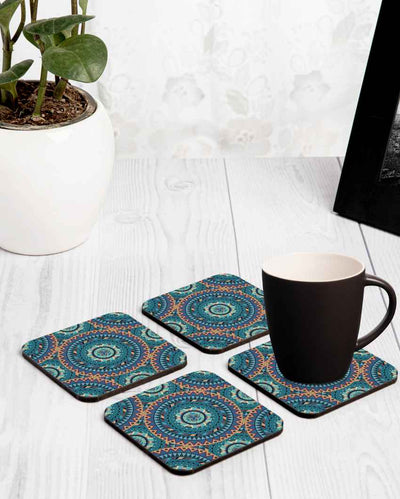 Classic Wooden Blue Mandala Coasters With Gift Box | Set of 4 | 4 x 4 inches