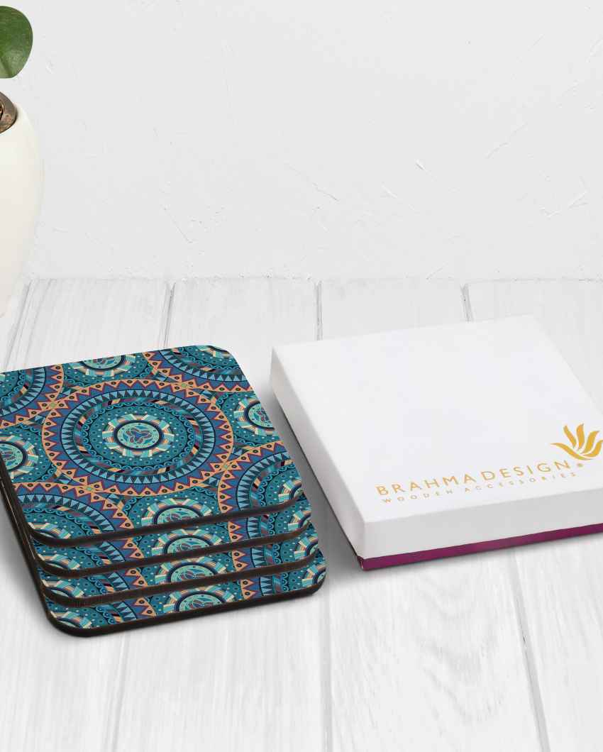 Classic Wooden Blue Mandala Coasters With Gift Box | Set of 4 | 4 x 4 inches