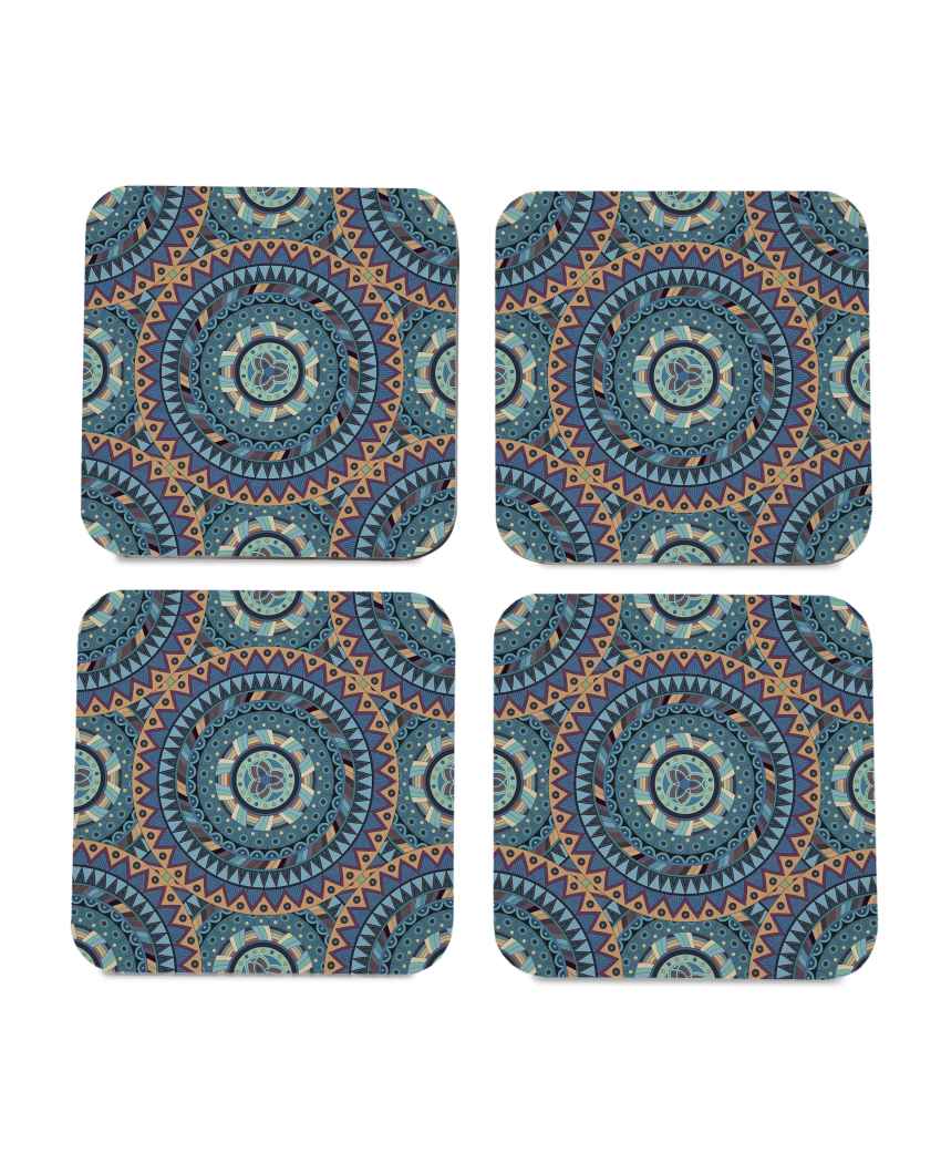 Classic Wooden Blue Mandala Coasters With Gift Box | Set of 4 | 4 x 4 inches