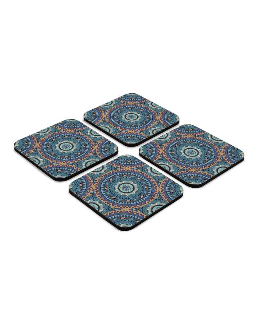 Classic Wooden Blue Mandala Coasters With Gift Box | Set of 4 | 4 x 4 inches