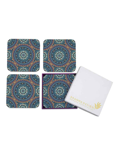 Classic Wooden Blue Mandala Coasters With Gift Box | Set of 4 | 4 x 4 inches