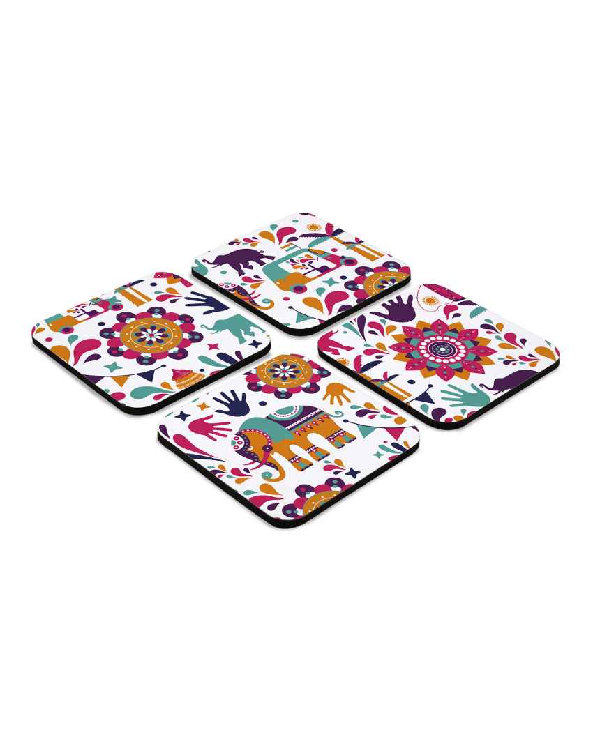 Cultural Wooden India Coasters With Gift Box | Set of 4 | 4 x 4 inches