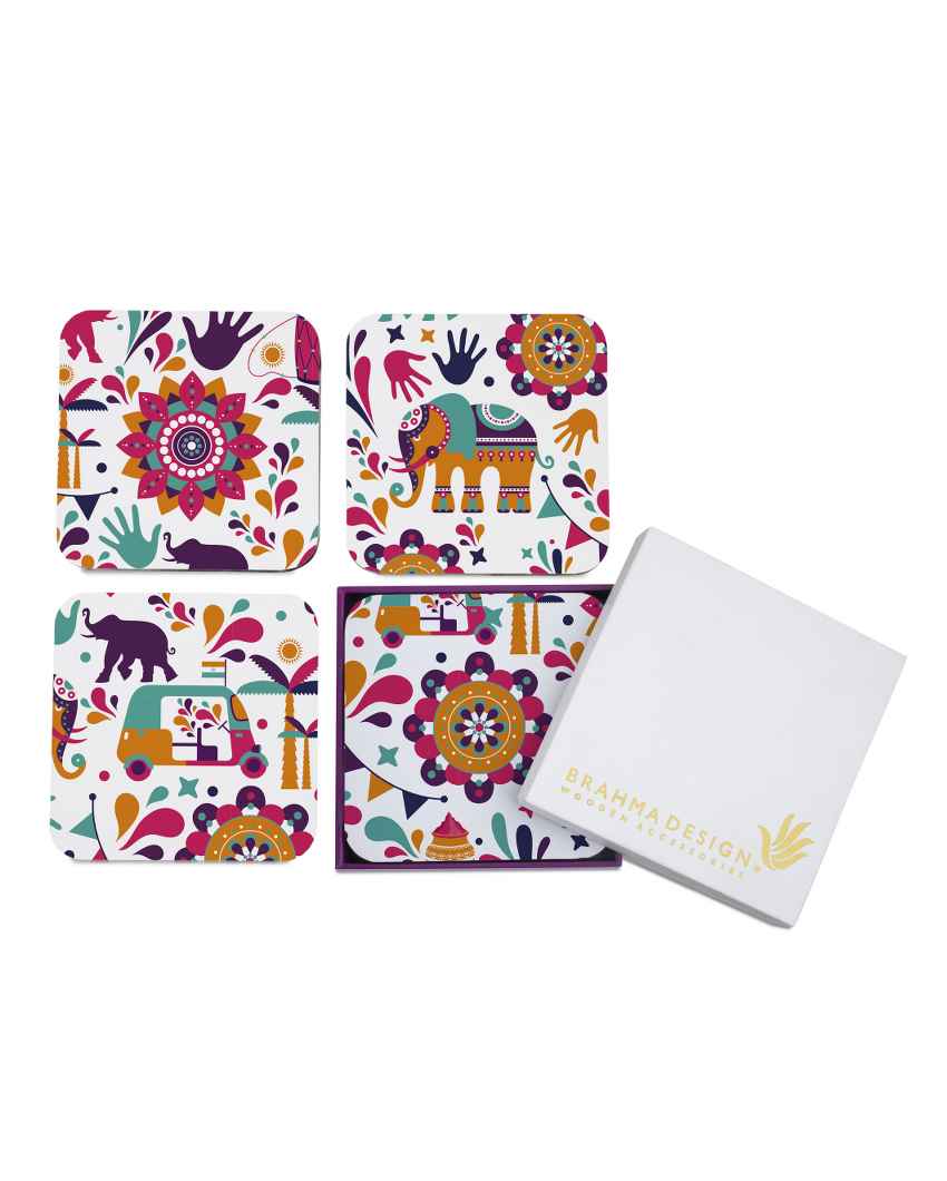 Cultural Wooden India Coasters With Gift Box | Set of 4 | 4 x 4 inches