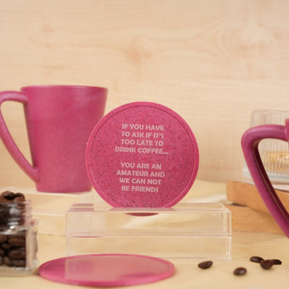 Amateur Quotes Pine Wood Coffee Mugs With Coaster Set Pink