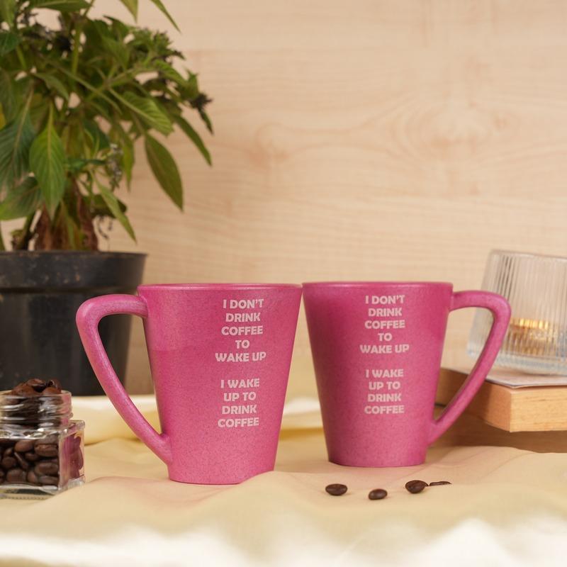 Wake Up Quotes Pine Wood Coffee Mugs With Coaster Set Pink