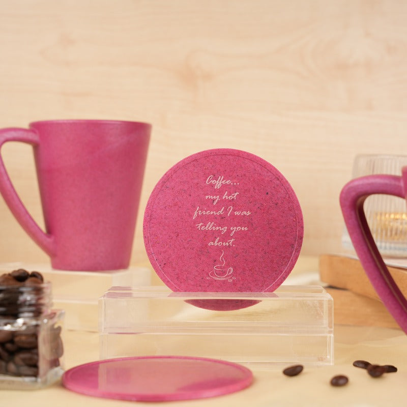 My Hot Friend Pine Wood Coffee Mug With Coaster Set Pink