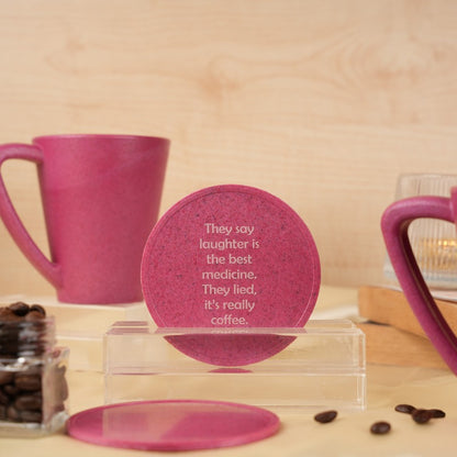 Laughter Pine Wood Coffee Mug With Coaster Set Pink