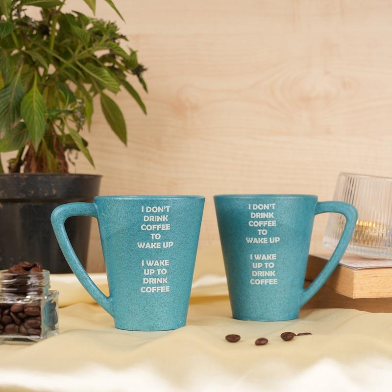 Wake Up Quotes Pine Wood Coffee Mugs With Coaster Set Iceberg Blue