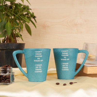 Wake Up Quotes Pine Wood Coffee Mugs With Coaster Set Iceberg Blue