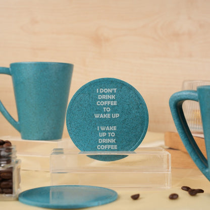 Wake Up Quotes Pine Wood Coffee Mugs With Coaster Set Iceberg Blue