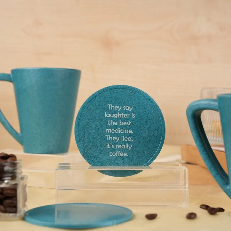 Laughter Pine Wood Coffee Mug With Coaster Set Iceberg Blue