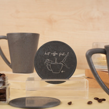 But Coffee First | Pine Wood Mugs With Coaster Stone Black