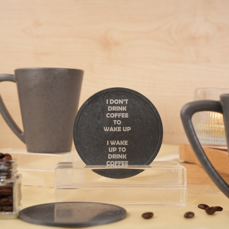 Wake Up Quotes Pine Wood Coffee Mugs With Coaster Set Stone Black