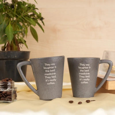 Laughter Pine Wood Coffee Mug With Coaster Set Stone Black