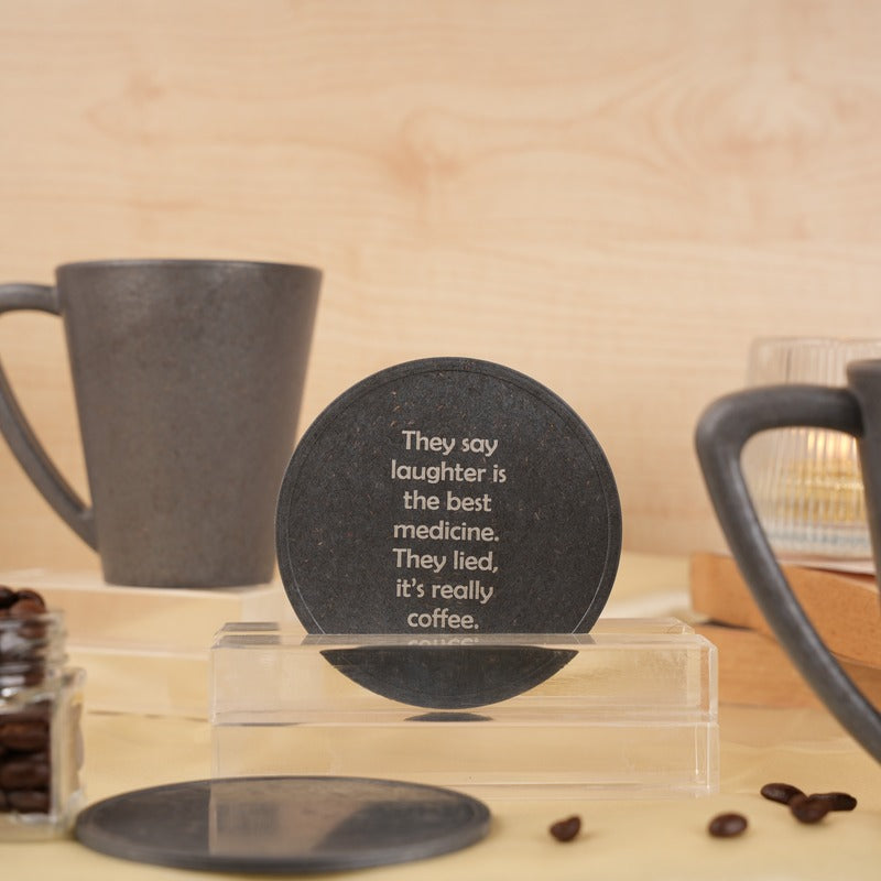 Laughter Pine Wood Coffee Mug With Coaster Set Stone Black
