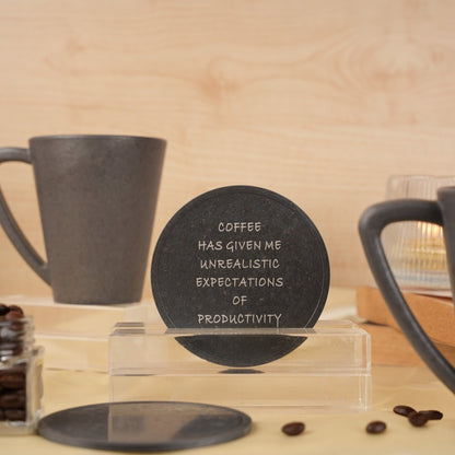 Radiant Productivity Pine Wood Coffee Mugs With Coaster Set Stone Black