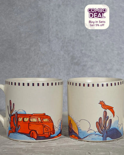 Travel Theme Coffee Ceramic Mugs | Set of 2 | 260 ml | 3 x 3 inches