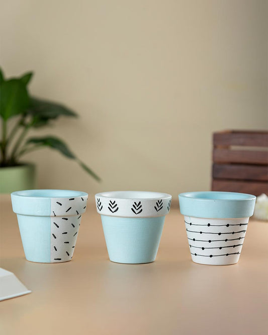 Light Blue Handpainted Tiny Terracotta Pots | Set of 3