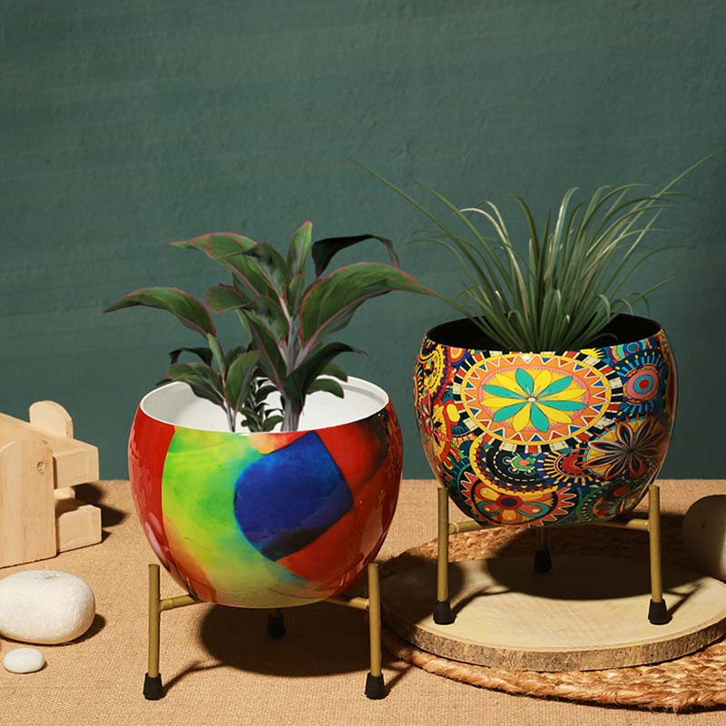 Bright Multi Hued Resilient Metal Pots With Stand | Set Of 2 - Dusaan
