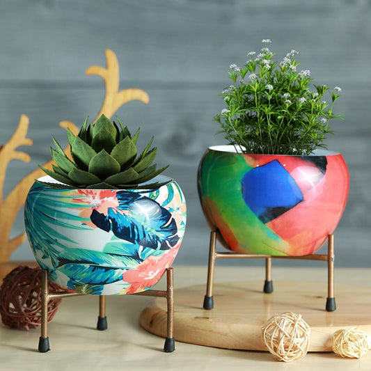 Royal Bright Multi-Hued Resilient Metal Pots With Stand | Set of 2 Default Title