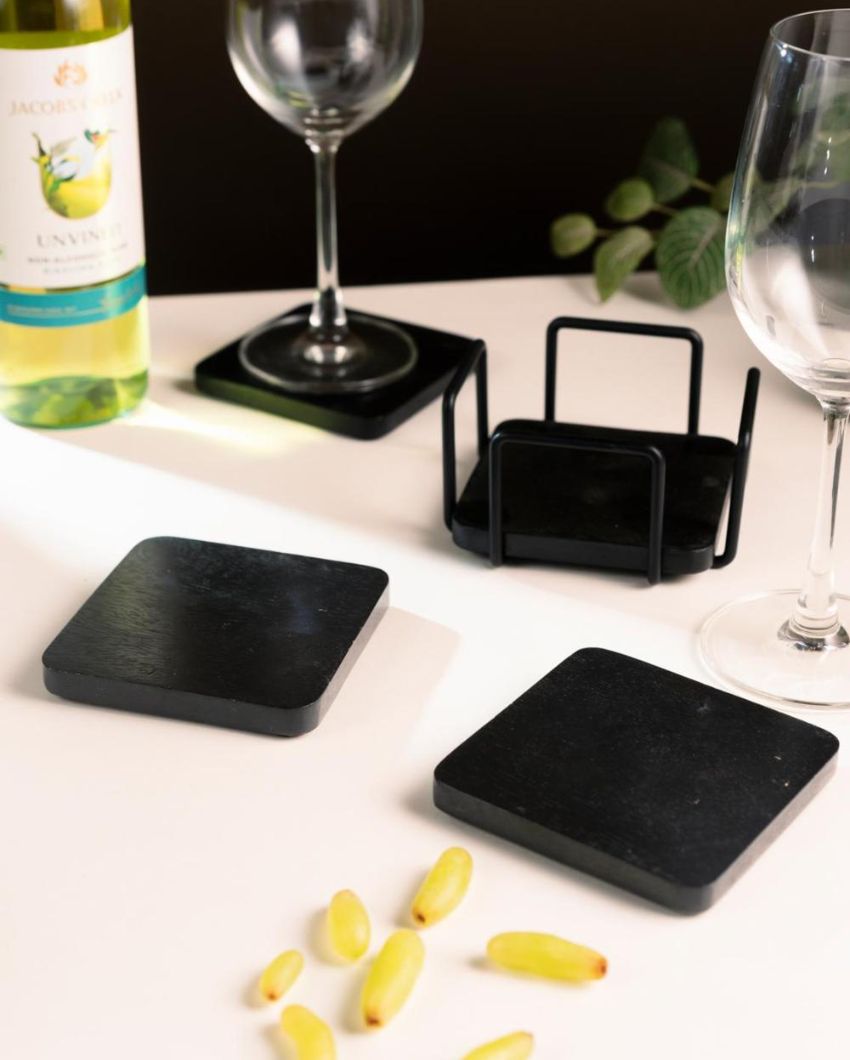 Luxury Square Black Marble Coasters with Stand | Pack of 5 | 4 x 3 inches