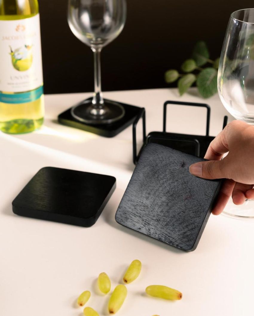 Luxury Square Black Marble Coasters with Stand | Pack of 5 | 4 x 3 inches