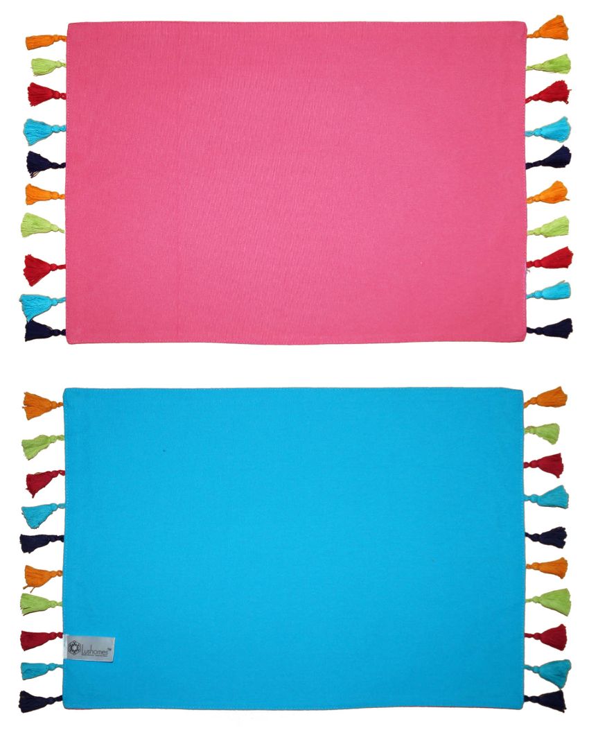 Reversible Cotton Table Mats With Pom Pom | Set Of 6 | 19 x 13 Inches