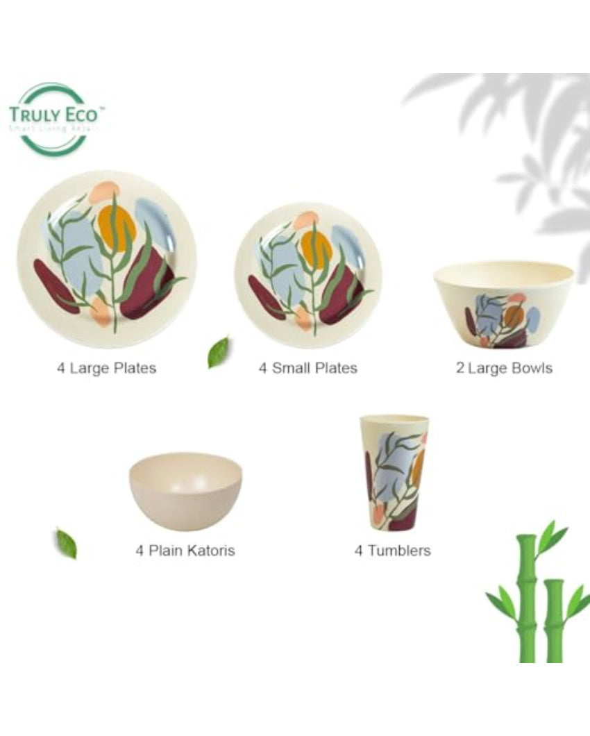 Green Floral Non Toxic Eco Friendly Bamboo Dinner Set | Pack of 18