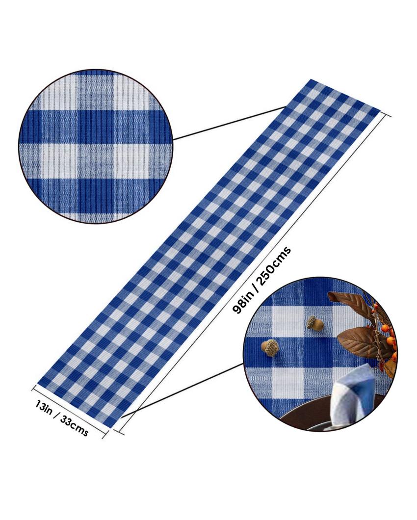 Ribbed Buffalo Checks Cotton 8 Seater Table Runner | 13 X 98 Inches | Single Blue