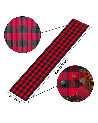 Ribbed Buffalo Checks Cotton 8 Seater Table Runner | 13 X 98 Inches | Single Red & Black