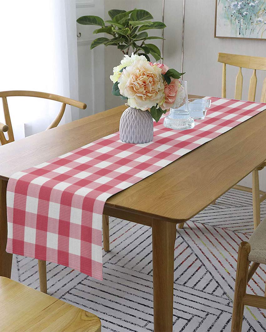 Ribbed Buffalo Checks Cotton 8 Seater Table Runner | 13 X 98 Inches | Single Pink