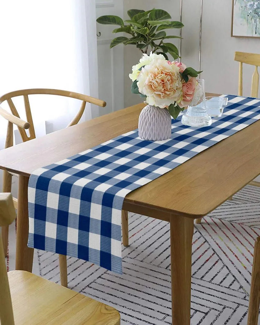 Ribbed Cotton Checks 6 Seater Table Runner | 13X72 inches Blue