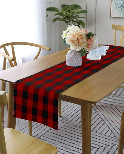 Ribbed Cotton Checks 6 Seater Table Runner | 13X72 inches Red & Black