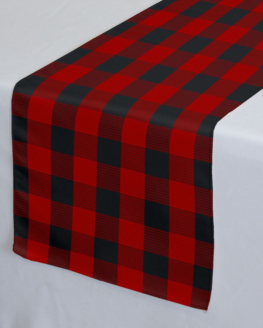 Ribbed Cotton Checks 6 Seater Table Runner | 13X72 inches Red & Black