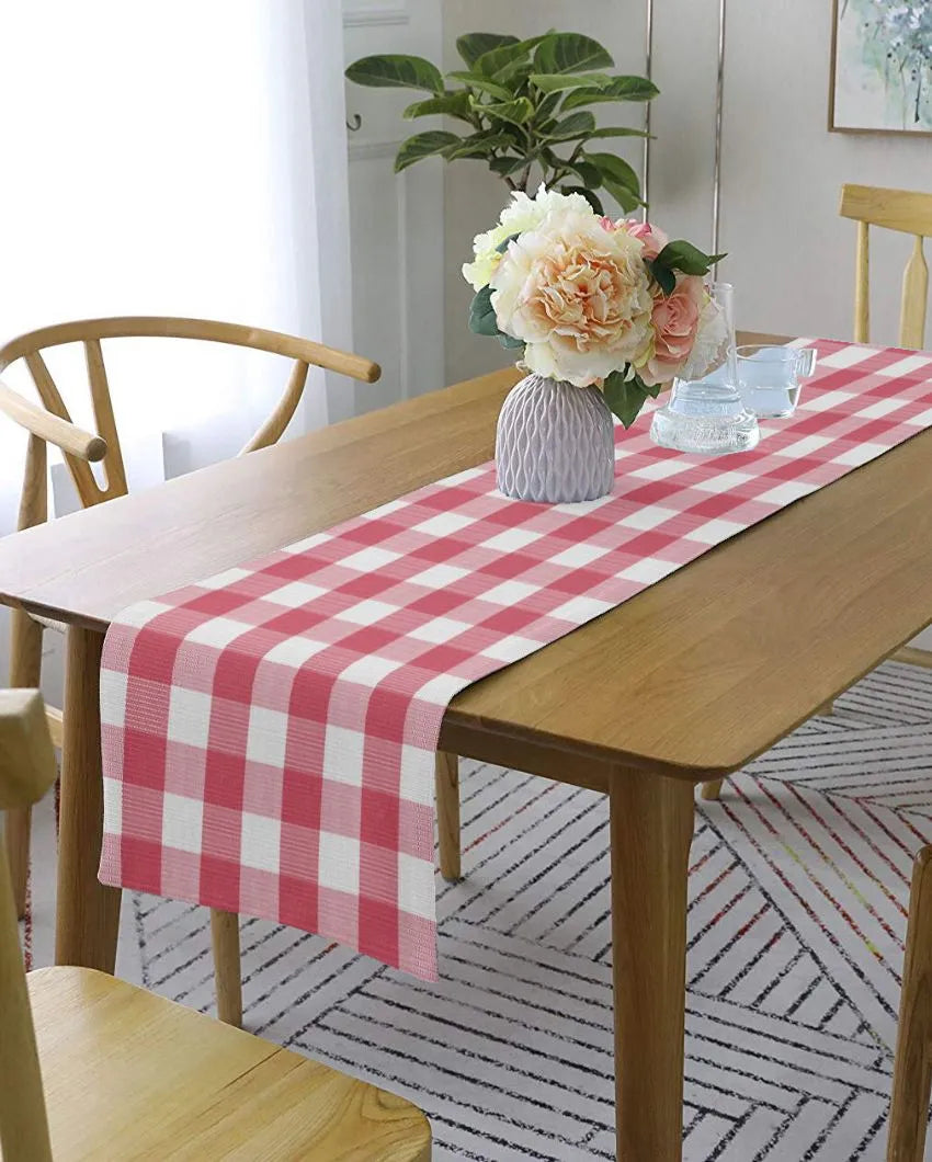 Ribbed Cotton Checks 6 Seater Table Runner | 13X72 inches Pink