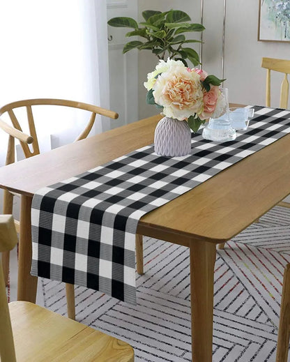 Ribbed Cotton Checks 6 Seater Table Runner | 13X72 inches Black