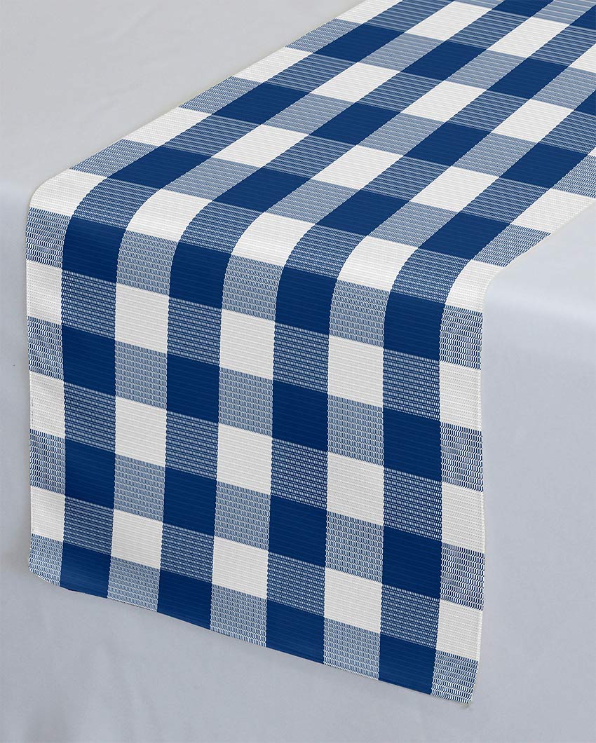 Buffalo Checks Cotton Ribbed 4 Seater Table Runner | 13 X 51 Inches | Single Blue